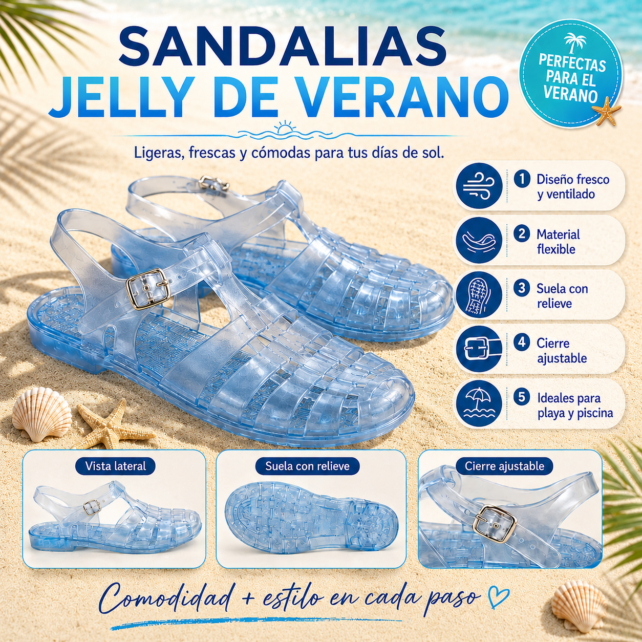 Sandalias de Verano Transpirables Azul Transparente